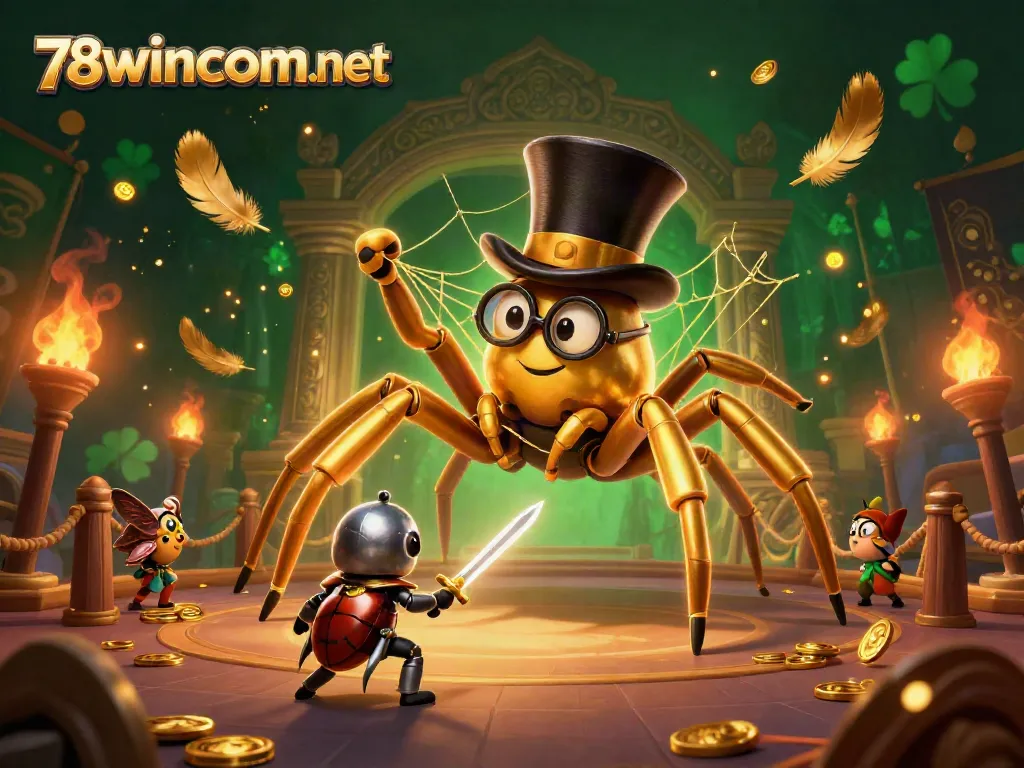 Engage with thrilling elements at 78wincom net involving a golden tarantula, a knight beetle, and vibrant casino themes.
