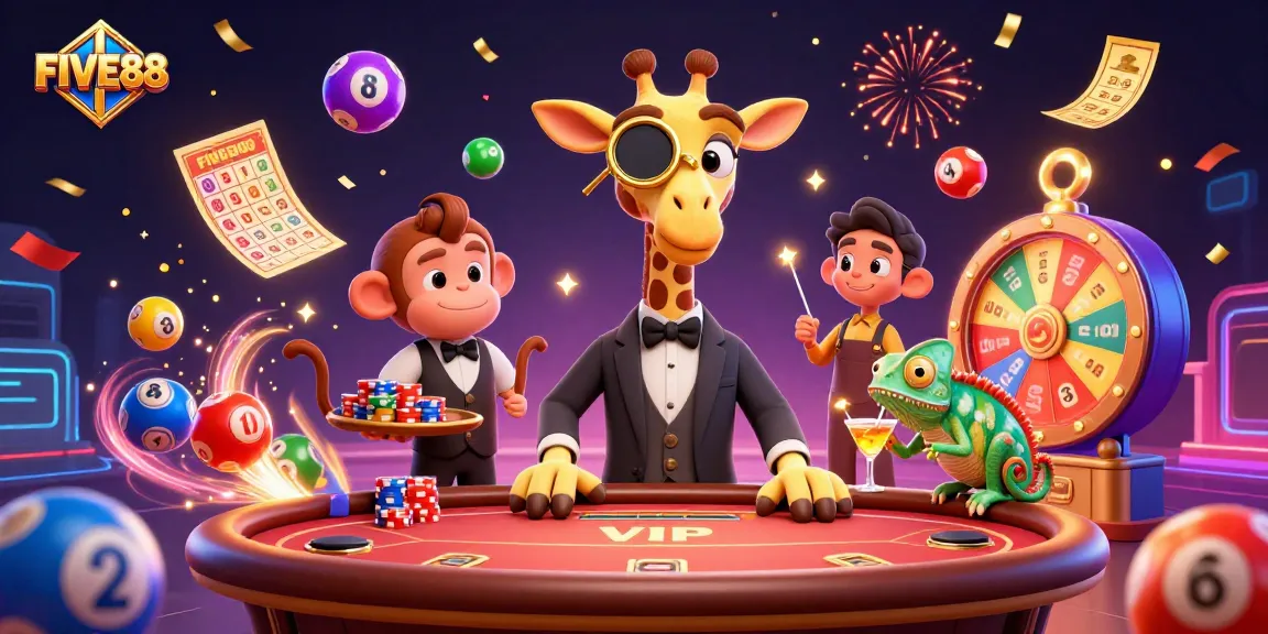 Experience the excitement of FIVE88 with a vibrant, animated casino celebration illustration.