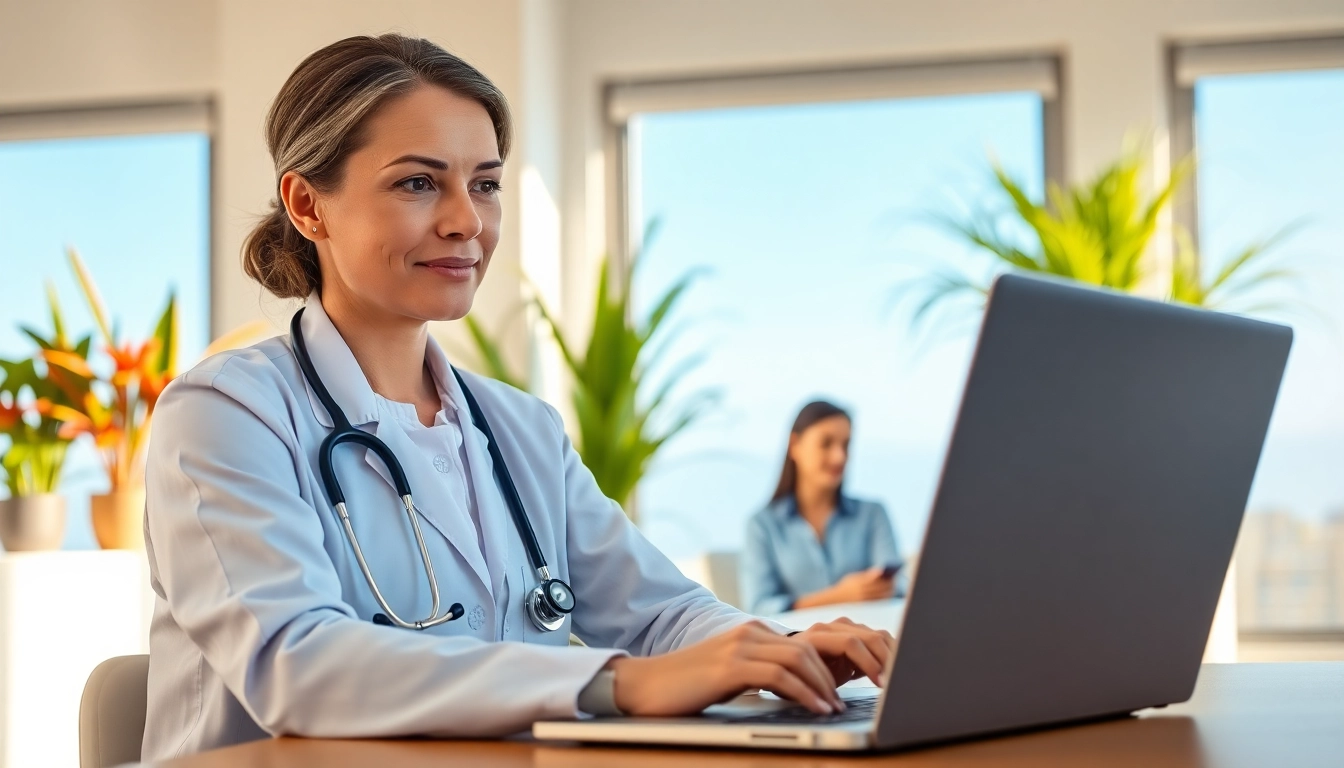 Fast telehealth consultation online with a healthcare provider engaging via laptop in a bright office.