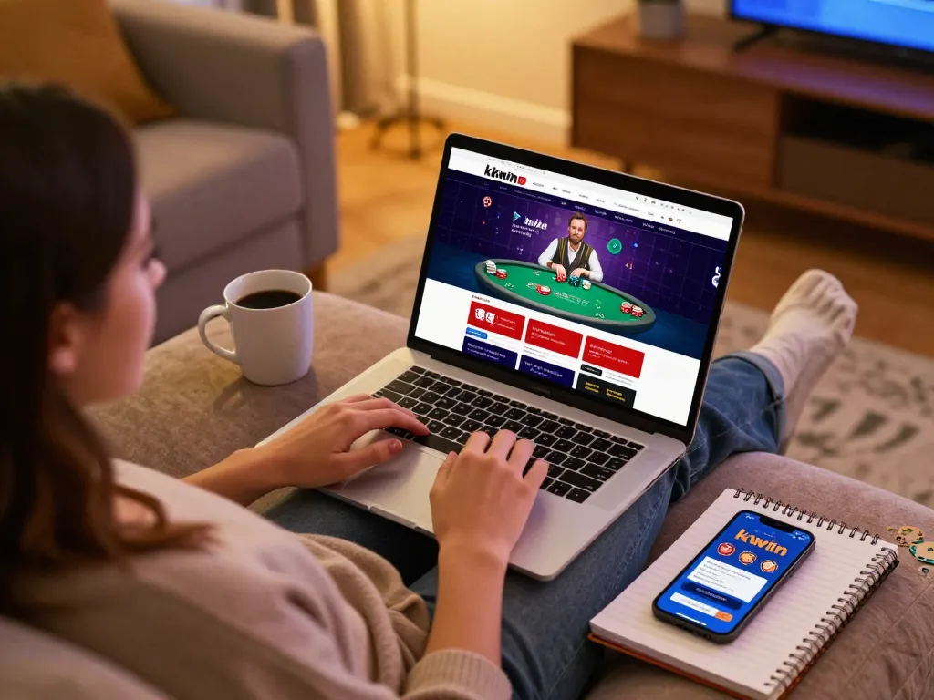 Player engaging with kkwin com on laptop for a cozy online gaming experience.