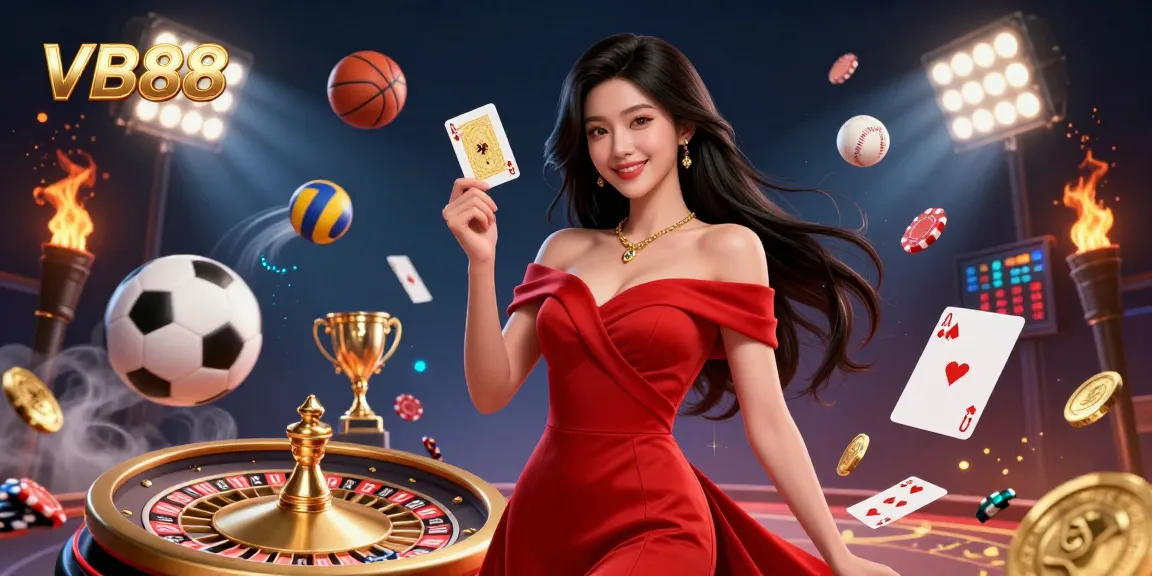 Experience thrilling gameplay at VB88 with our stunning casino illustration featuring a confident Asian woman and casino elements.