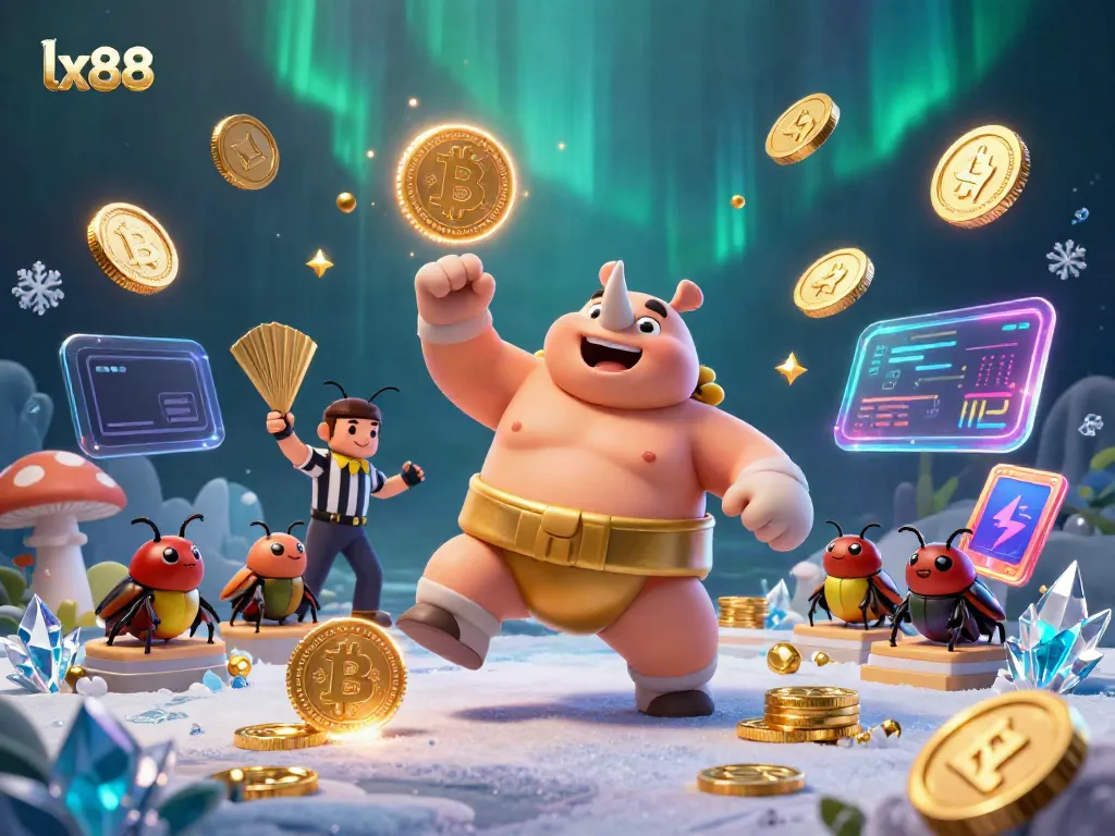 Experience the essence of lx88 with the dynamic summoning of a beetle champion amidst cascading coins and crypto elements.