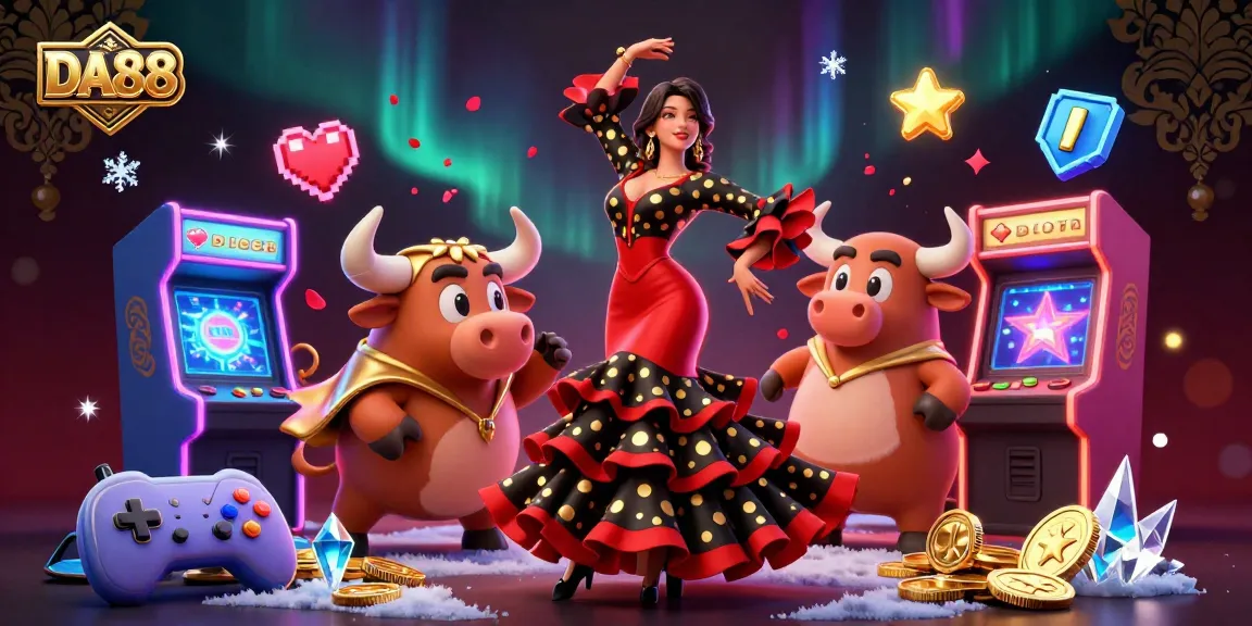 Experience winning joy with DA88, featuring a dramatic flamenco dancer and a cartoon bull amidst a casino arcade.