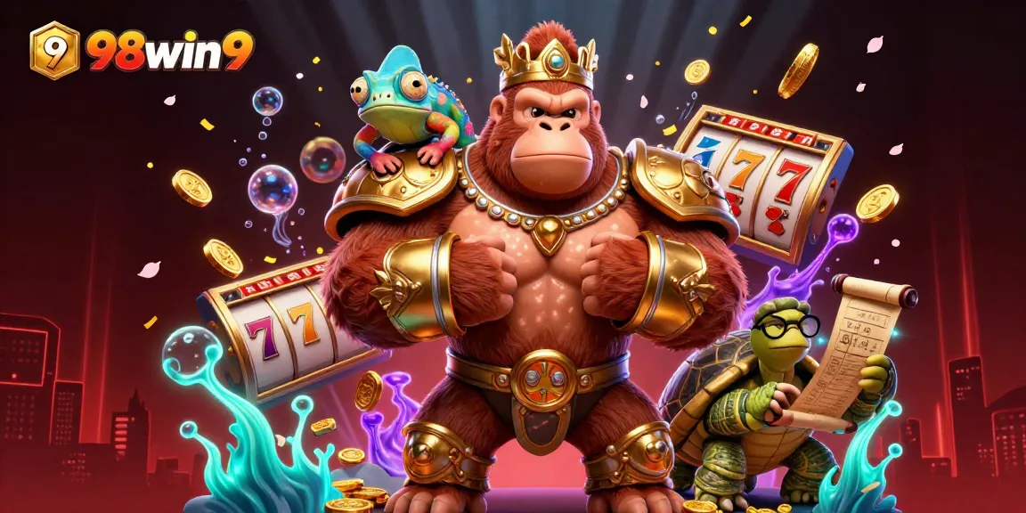 Engage in exciting gameplay at 98win9 with vibrant characters, stacked slot reels, and dynamic casino elements.