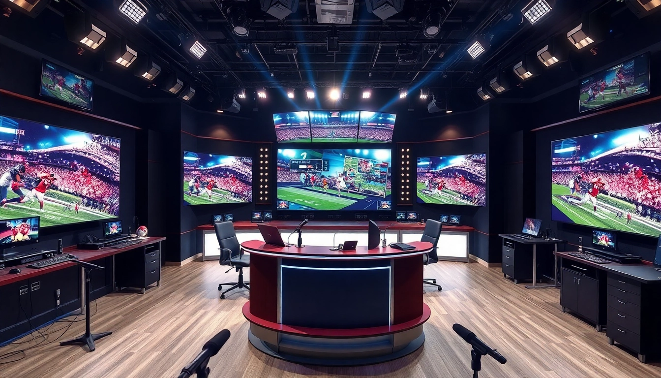 Engaging scene in sports broadcasting with advanced technology and lively atmosphere.