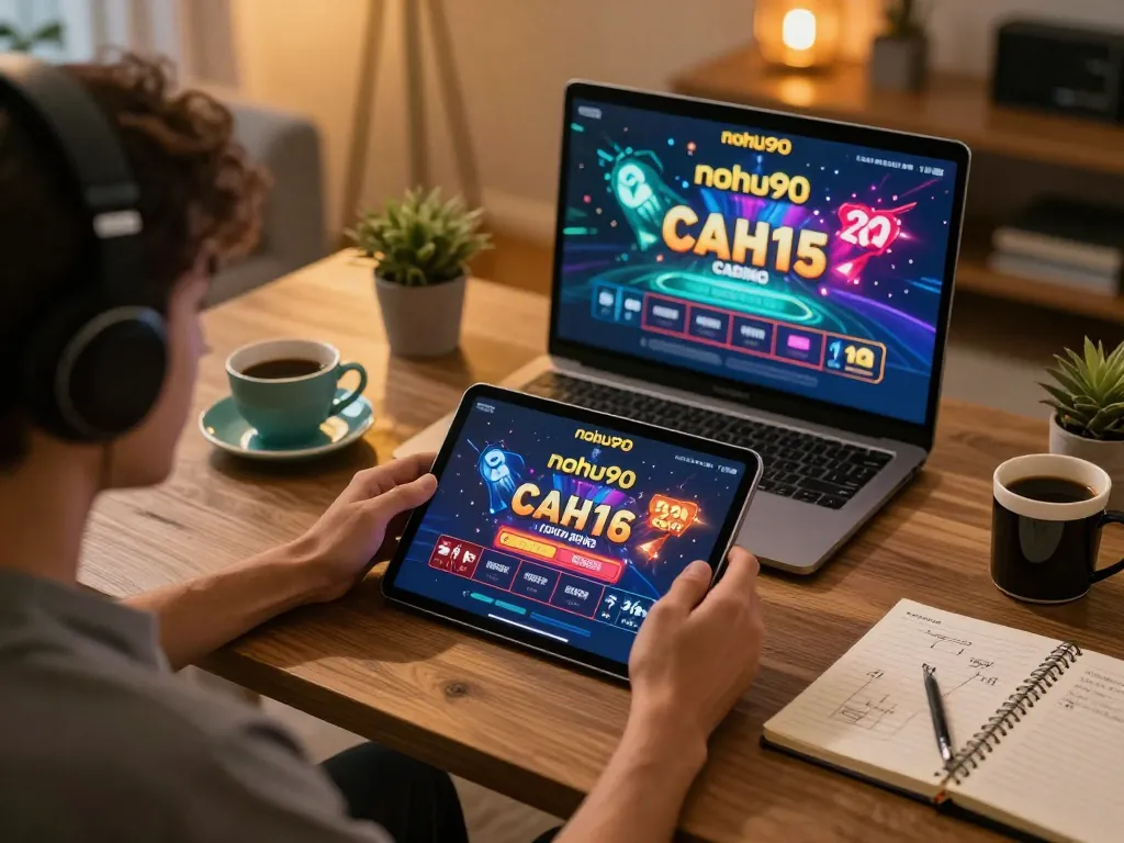 Player engaged in nohu90 online casino games on a tablet while sipping coffee