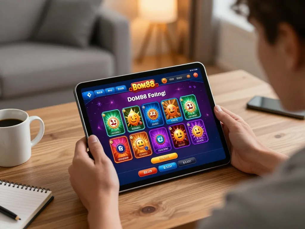 Engaging in Bom88 đăng nhập online gaming with vibrant interface on a tablet, focused user in cozy home office.