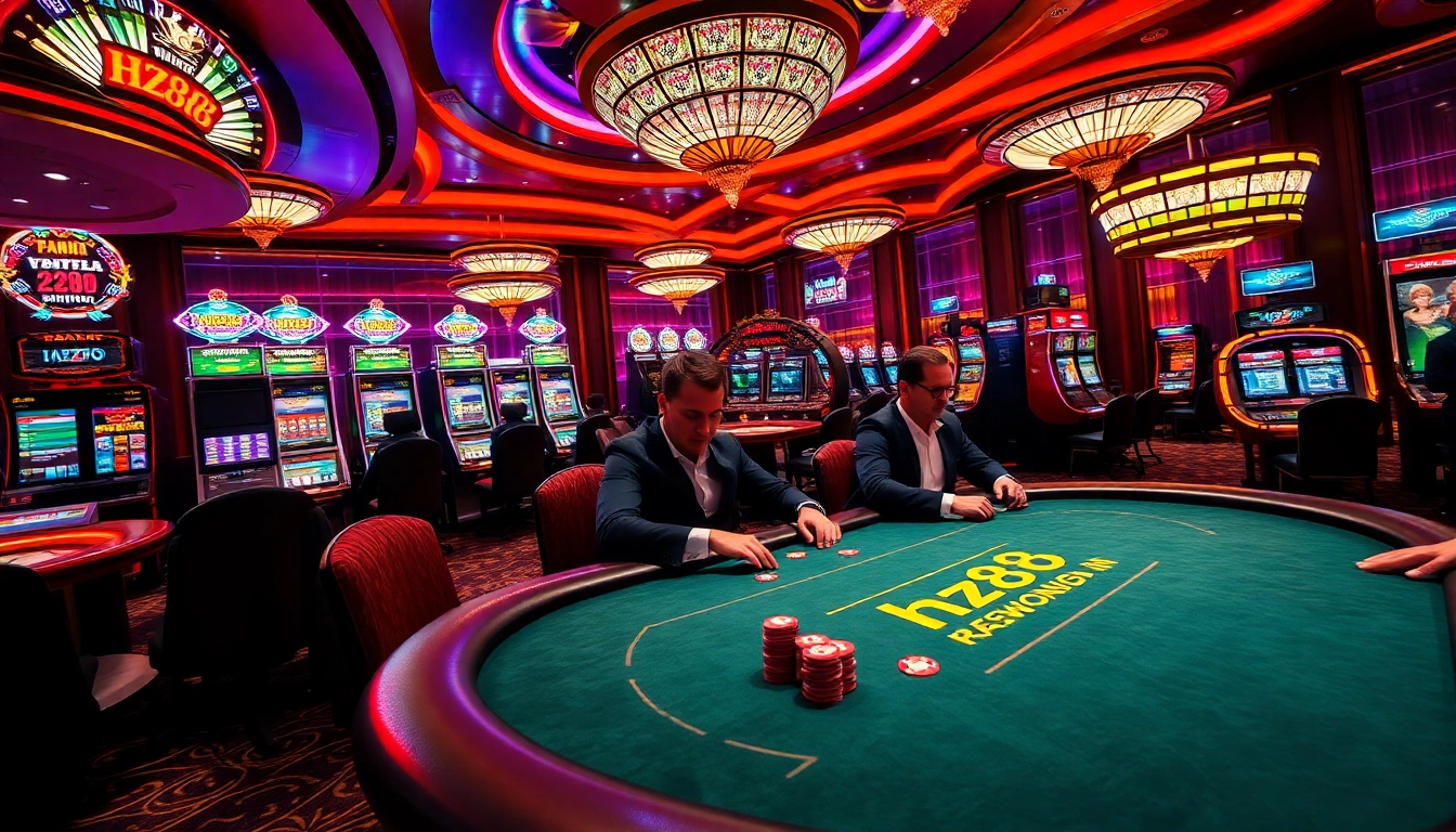 Experience the thrilling action of hz88 at a vibrant casino poker table surrounded by slot machines.