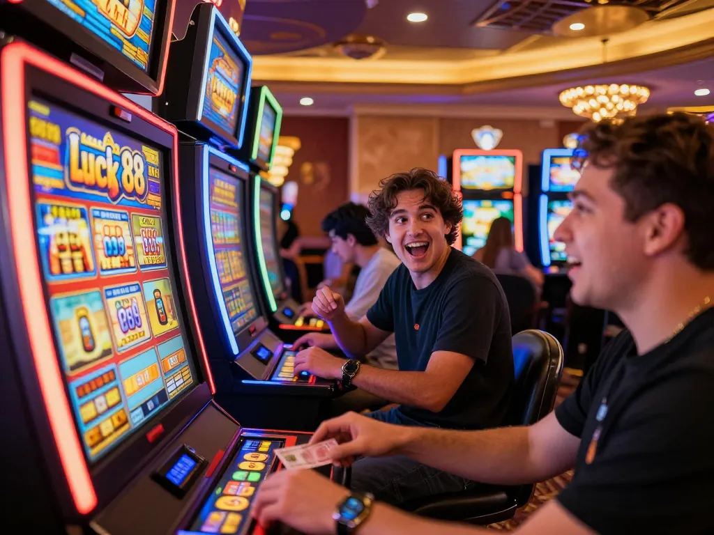 Player enjoying an exhilarating session at the Lucky88 slot machines in a lively casino.
