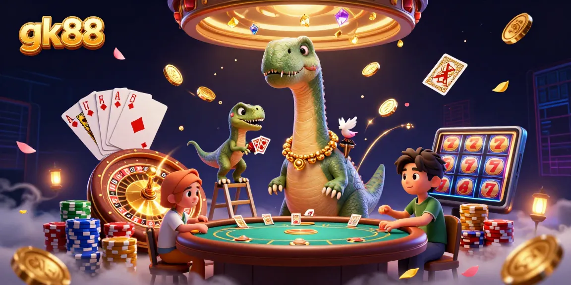 Encounter the thrill of gk88 with a delightful casino-themed scene featuring vibrant characters and exciting game elements.
