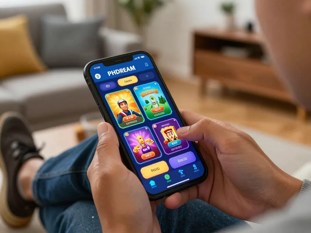 Engaging with PHDREAM online casino app on smartphone, showcasing vibrant games in a cozy setup.