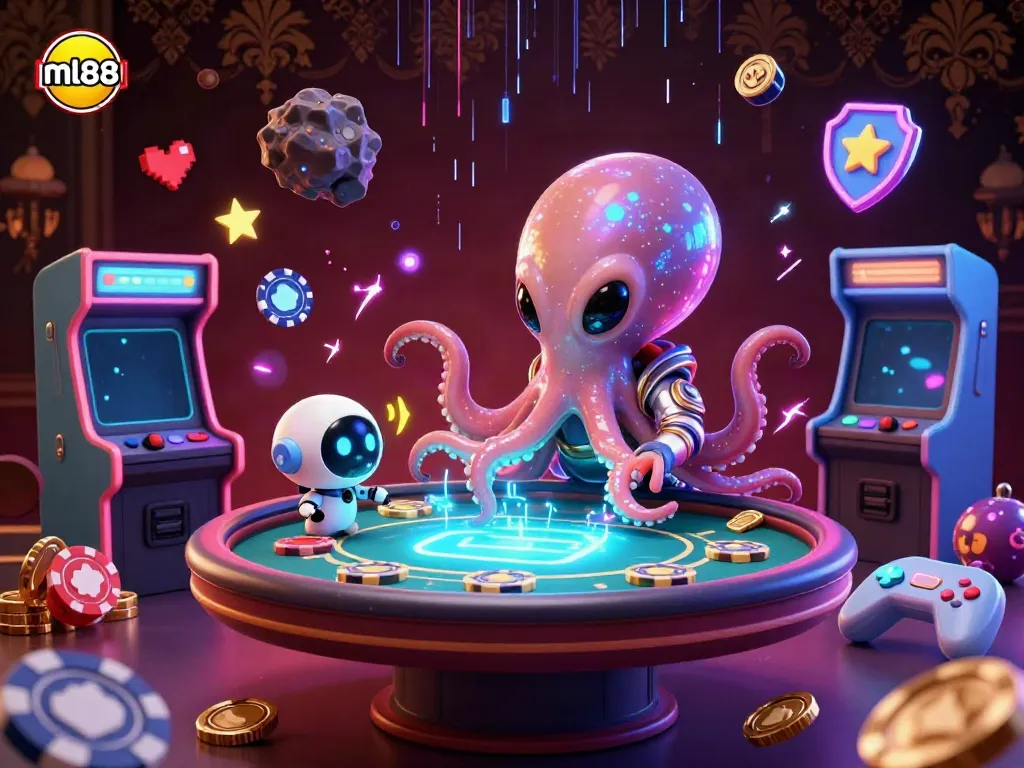 Experience thrilling gameplay at ml88 with a fantastical alien octopus and robotic companion in an exciting casino setting.