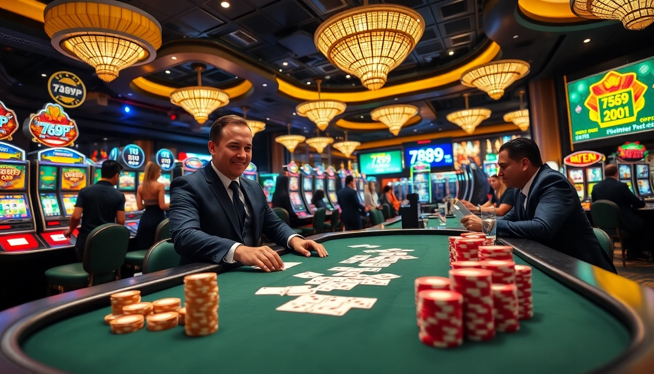 Engaged players placing bets at 789P's vibrant casino table with colorful poker chips.