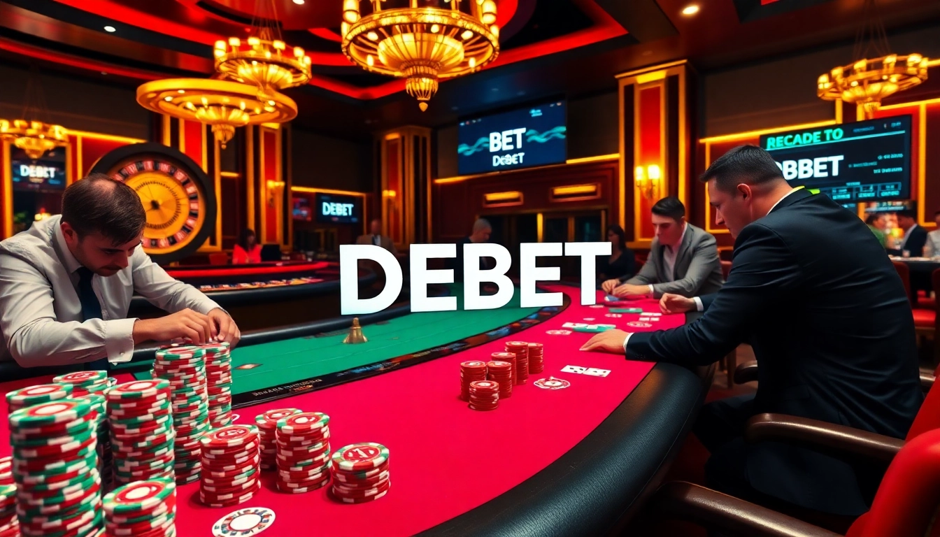DEBET poker action at a glamorous casino table with vibrant chips and cards.