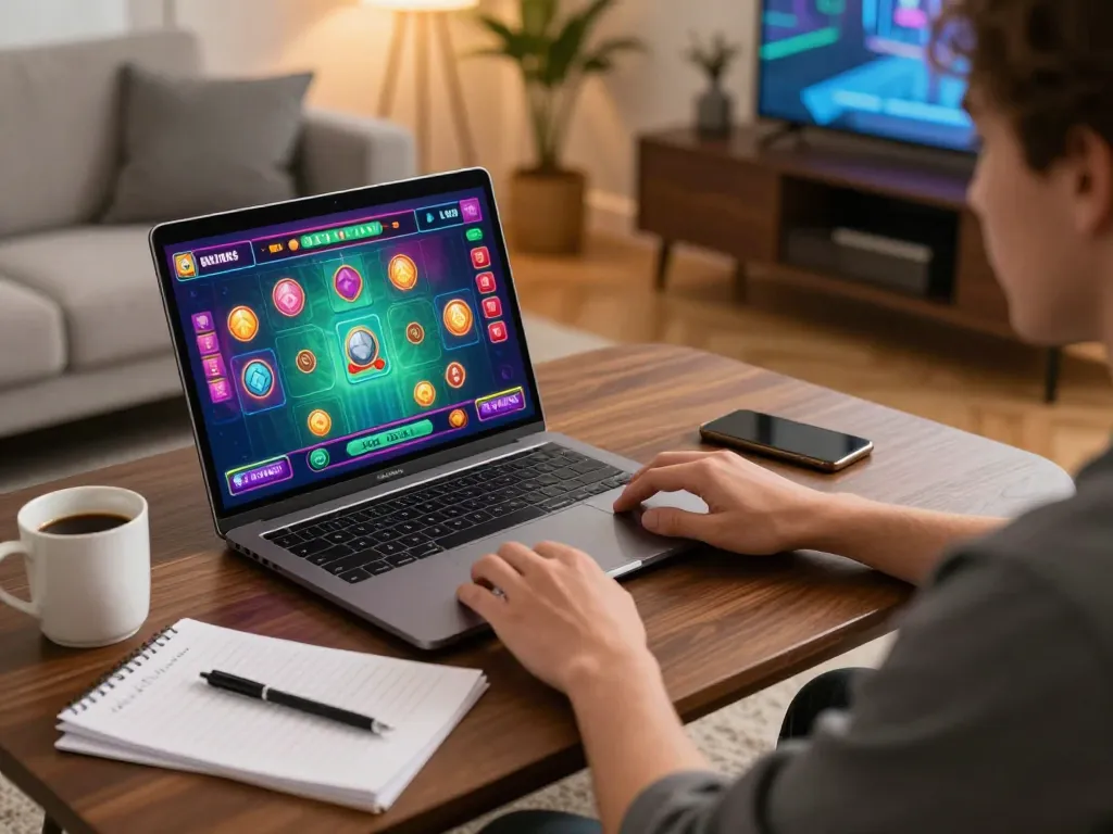 Person playing live dealer game on laptop at home, showcasing TG88 gaming strategy