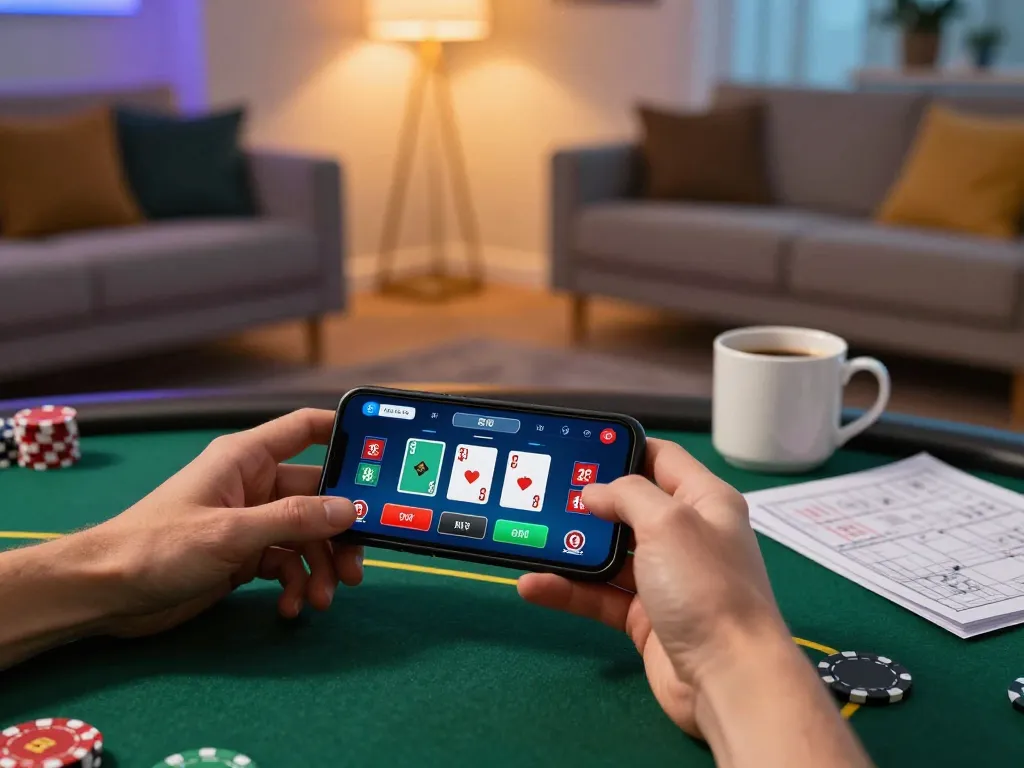 Engaging gaming session at CO88 with user analyzing poker hand on mobile device