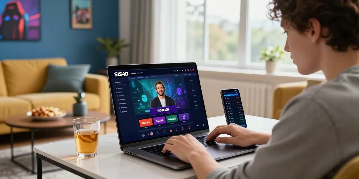 Pengguna aktif mengakses SIS4D untuk taruhan Sbobet88 dan Mix Parlay di laptop dengan suasana ruang tamu yang modern.