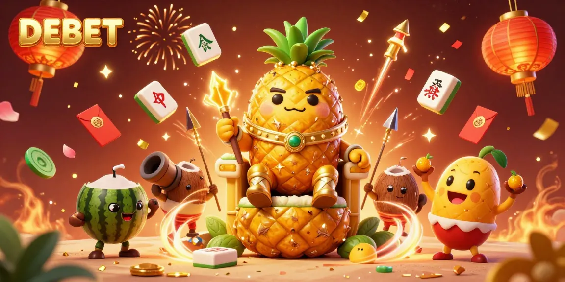 Engage with DEBET's vibrant gaming universe featuring a golden pineapple king and festive casino elements.