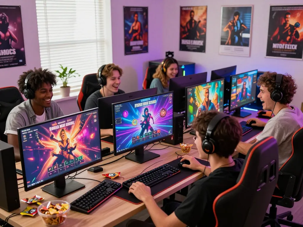 Exciting gaming setup featuring friends playing free porn games in a cozy room.