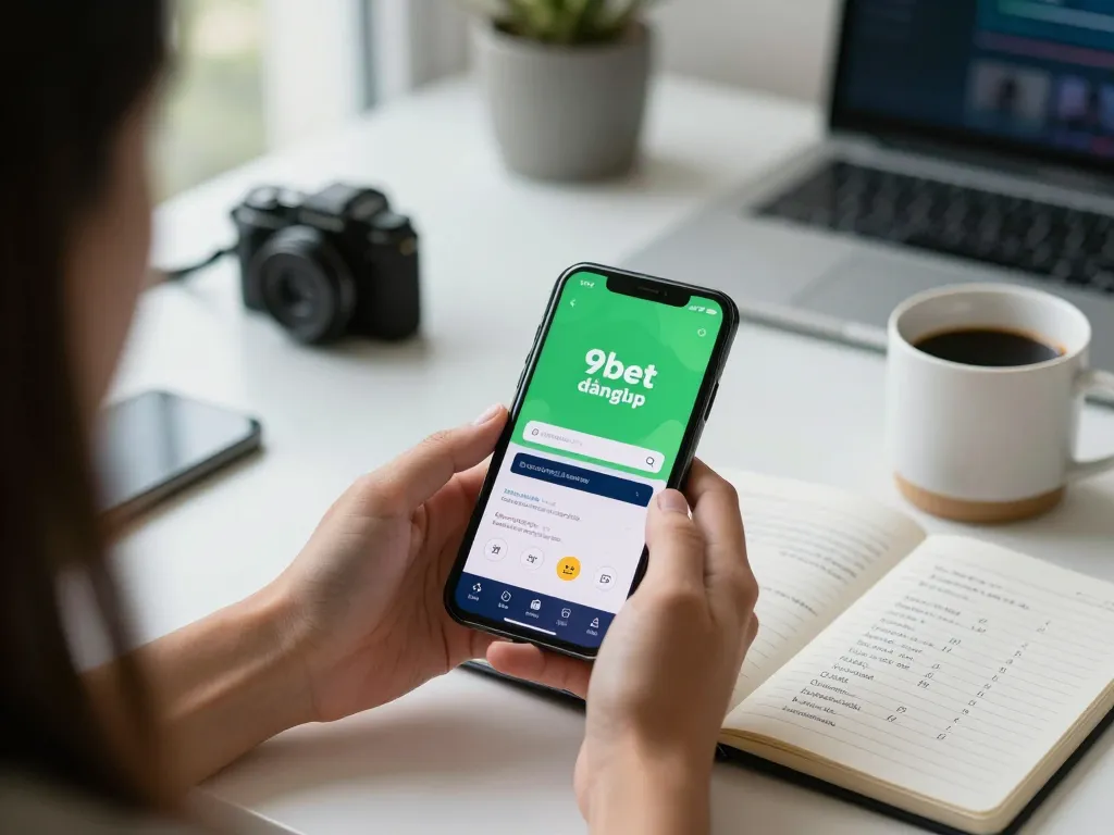 Engaging 9bet đăng nhập experience on a smartphone in a modern workspace with betting strategy notes