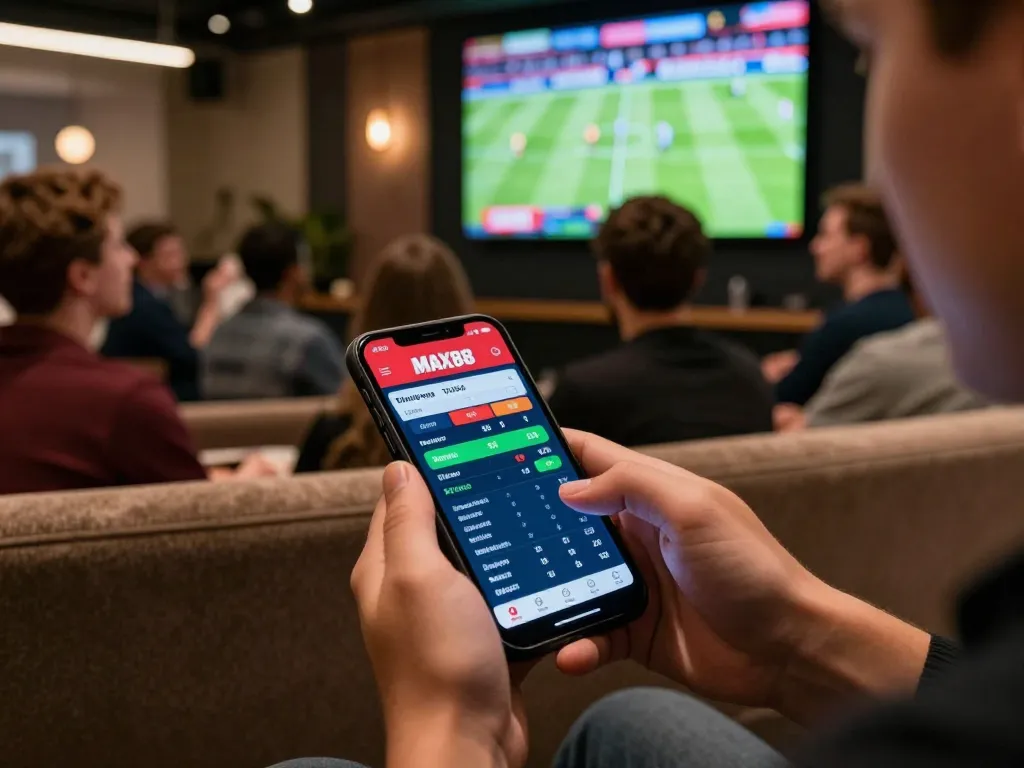 Engaging sports betting action on the MAX88 app with users excitedly tracking live odds.