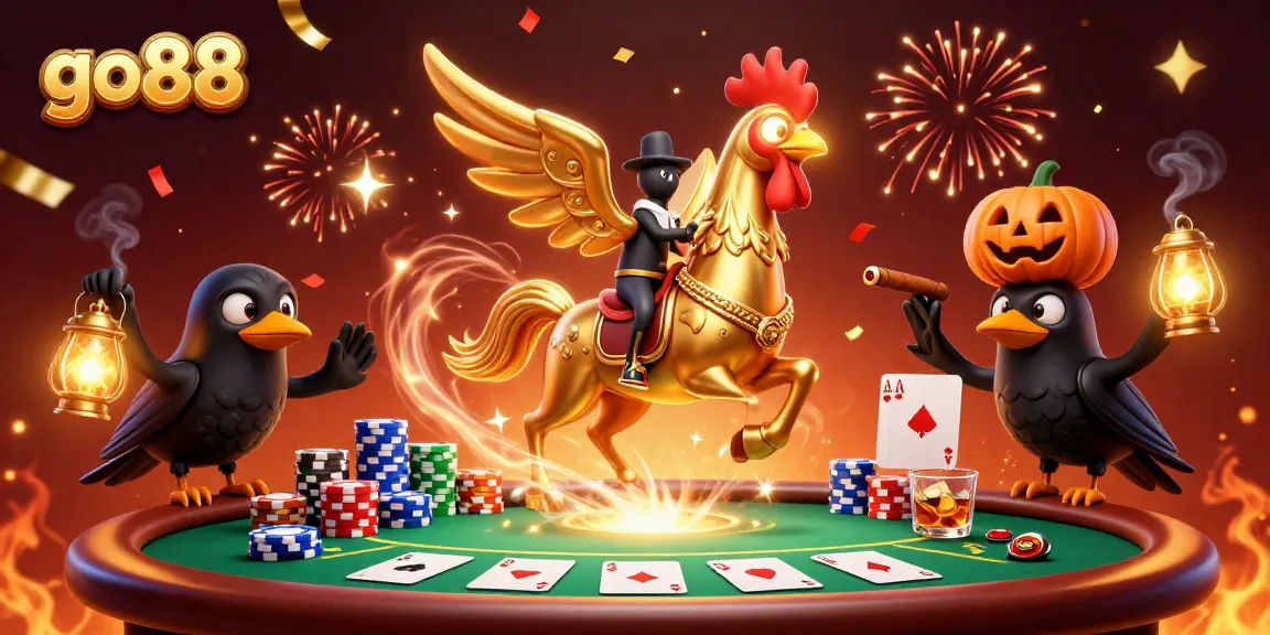 Experience the vibrant world of go88 with a golden rooster and poker action in a magical casino.