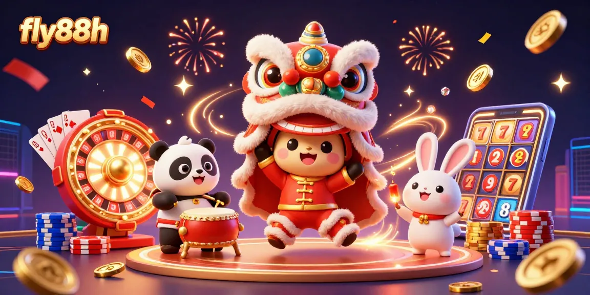 Experience winning at fly88h with vibrant lion dance and cascading casino treasures.