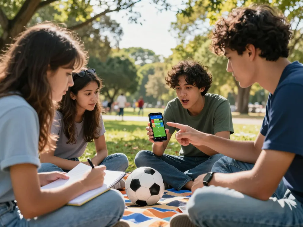 Soi kèo predictions with friends analyzing betting odds outdoors during a soccer match.
