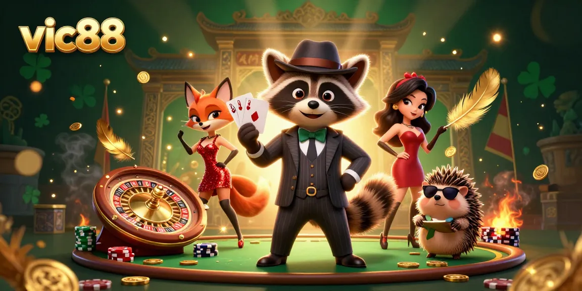 Experience the excitement of vic88 with a 3D cartoon raccoon, fox lady, and hedgehog bouncer in a vibrant casino setting.