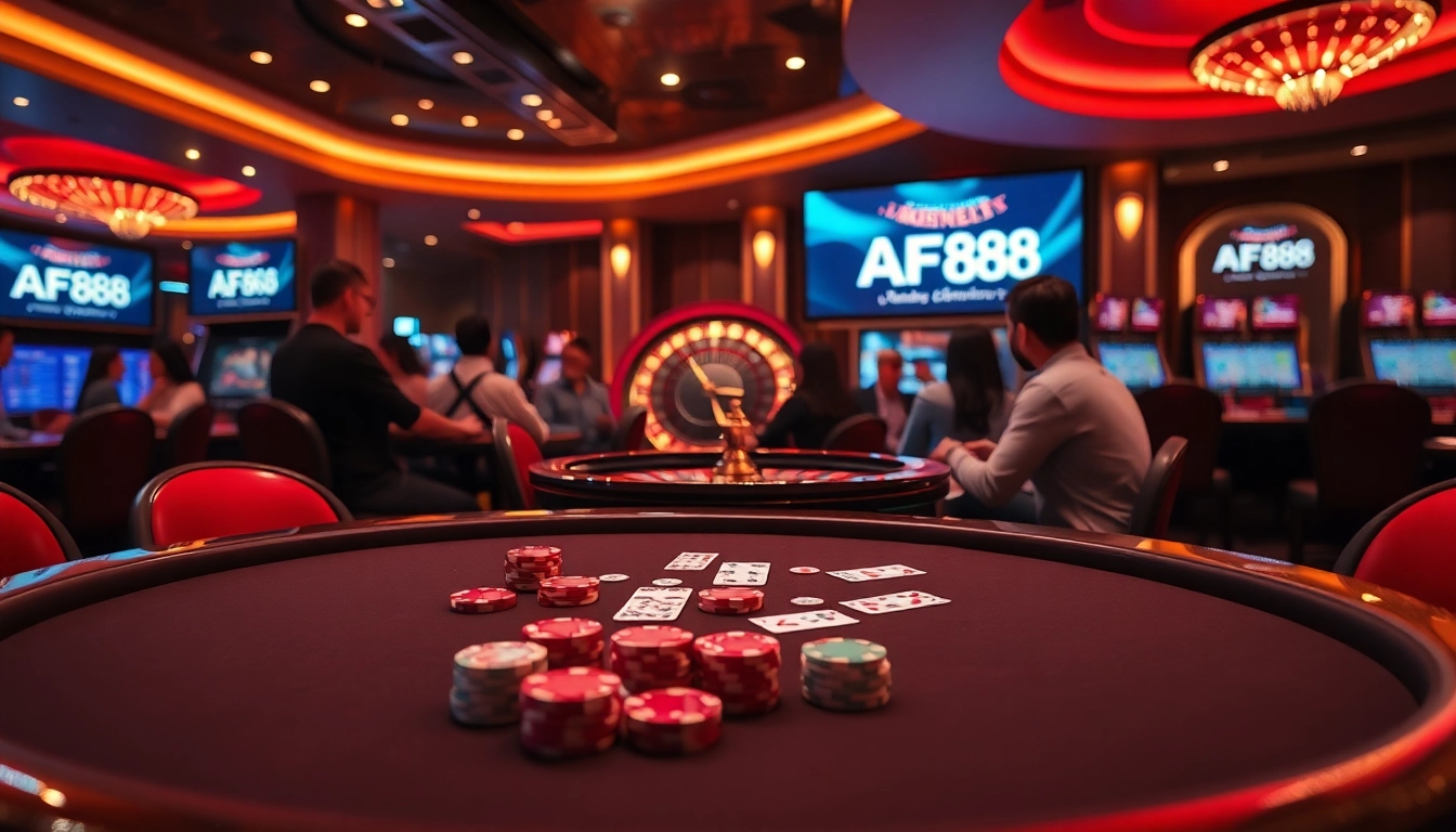Players enjoy an exciting poker game at AF88 casino, with vibrant tables and roulette action.