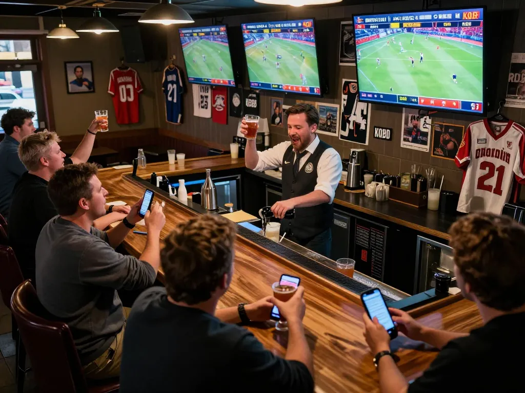 KQBD sports betting experience with lively atmosphere and live scores displayed.
