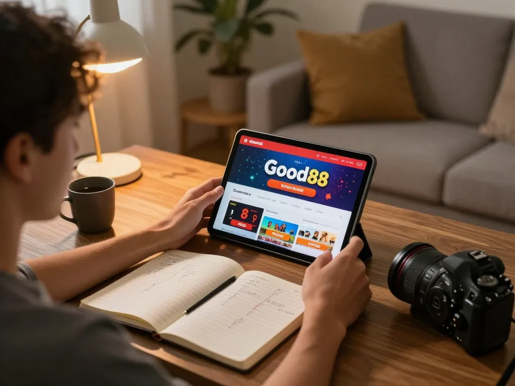 Engaging in strategic betting with the Good88 app on a tablet in a cozy home environment