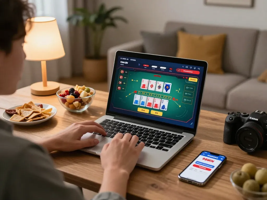 Engaged player experiencing 98WIN online blackjack at a cozy home setup, emphasizing responsible gaming.