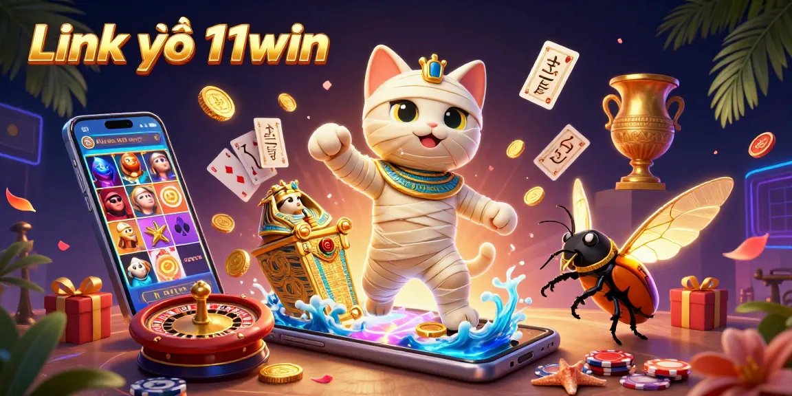 Experience thrilling gameplay at Link vào 11win with a dynamic scene of a cartoon mummy and exciting casino elements.