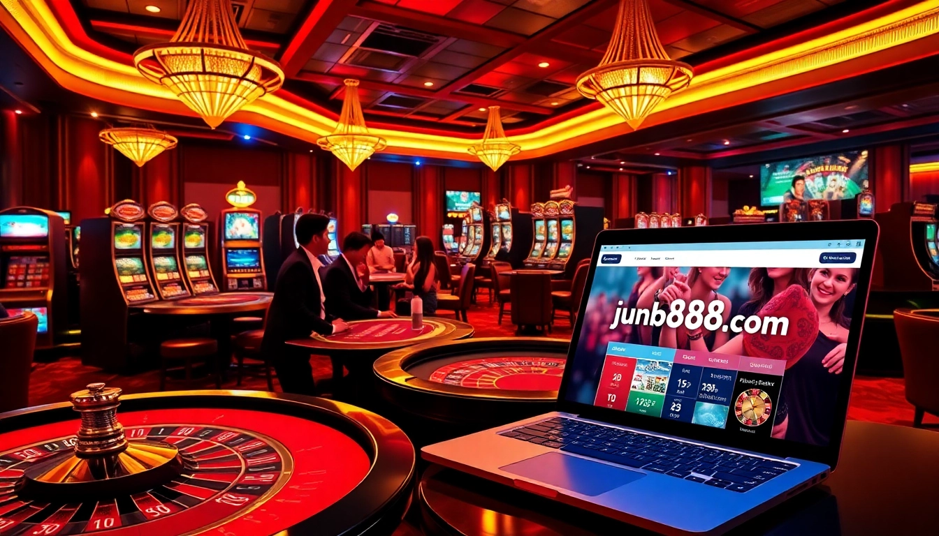 Experience excitement at https://jun88sr.com/ with modern casino gaming tables and vibrant slot machines.
