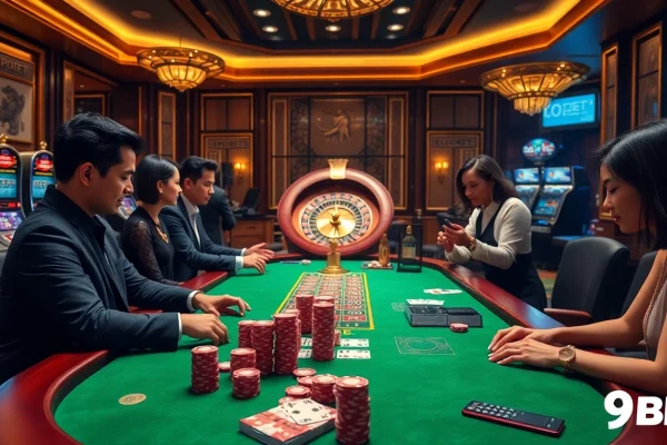 9BET poker chips and cards on a luxurious casino table, capturing the excitement of gambling.