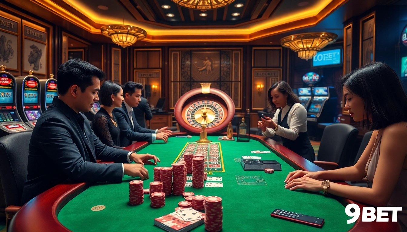 9BET poker chips and cards on a luxurious casino table, capturing the excitement of gambling.
