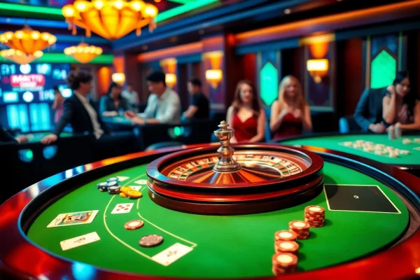 Experience thrilling gameplay at xx88 com with a vibrant casino setup featuring roulette, cards, and enthusiastic players.