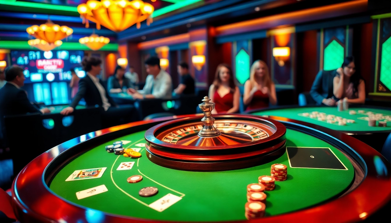 Experience thrilling gameplay at xx88 com with a vibrant casino setup featuring roulette, cards, and enthusiastic players.