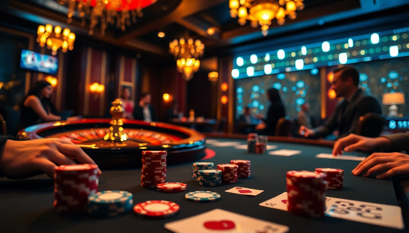 Players enjoying intense poker action at a casino table featuring 8xbet branding and poker chips.