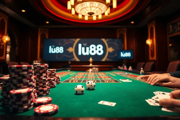 lu88 casino scene showcasing poker chips and a roulette wheel in an exciting atmosphere