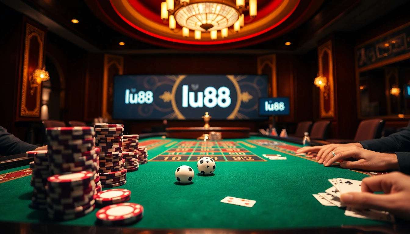 lu88 casino scene showcasing poker chips and a roulette wheel in an exciting atmosphere