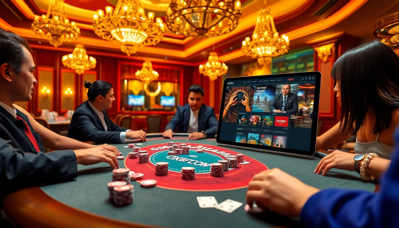 Exciting poker experience at OXBET COM casino with players, chips, and cards.