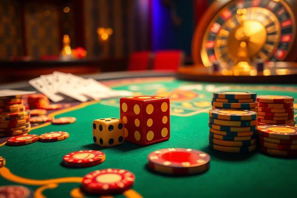 Players engaging in a thrilling luckywin tài xỉu game at an elegant casino table with vibrant chips and dice.