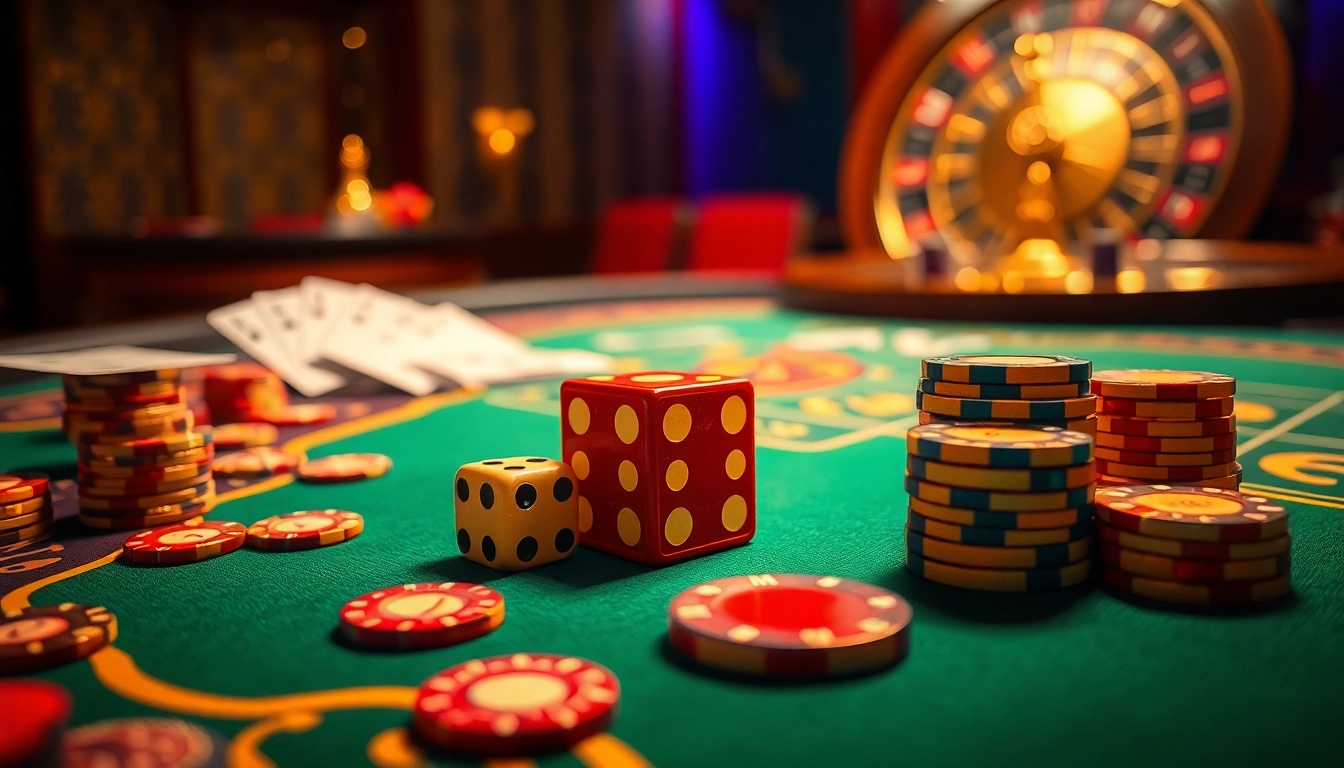 Players engaging in a thrilling luckywin tài xỉu game at an elegant casino table with vibrant chips and dice.