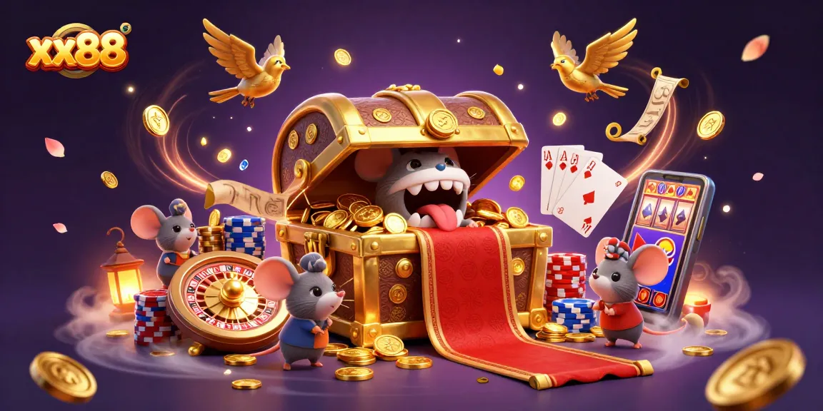 Experience the thrill of xx88 with a vibrant casino scene featuring treasure chests, poker chips, and sparkling coins.