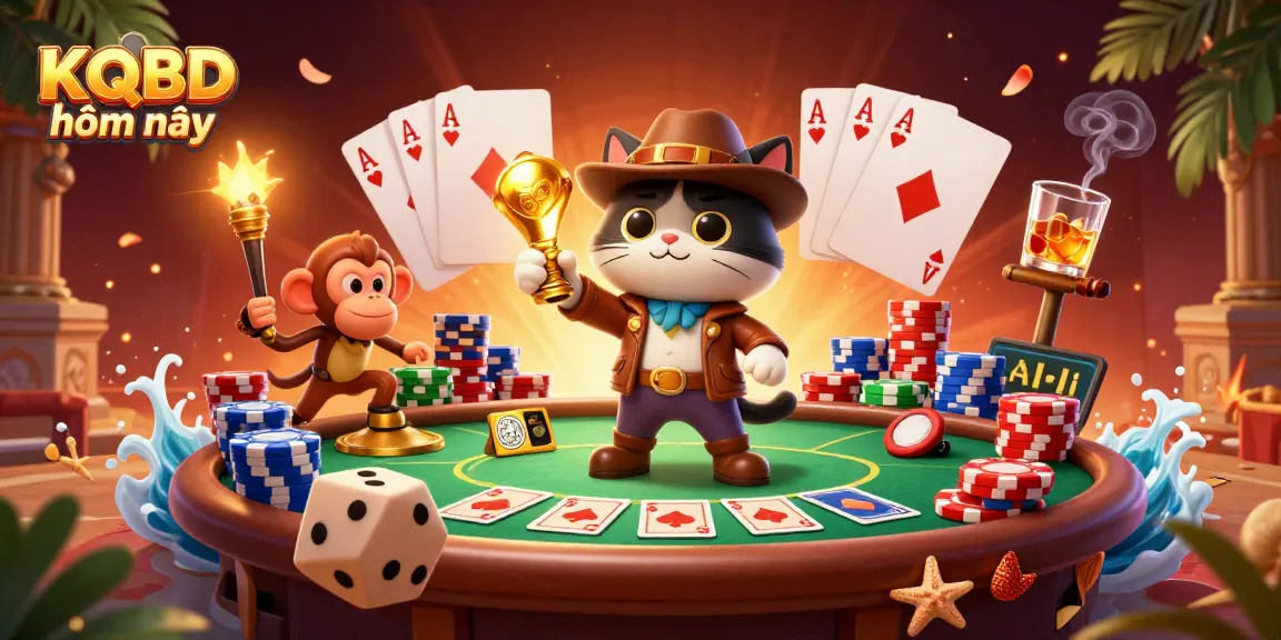KQBD hôm nay showcases an explorer cat and monkey in a vibrant casino scene discovering treasures.