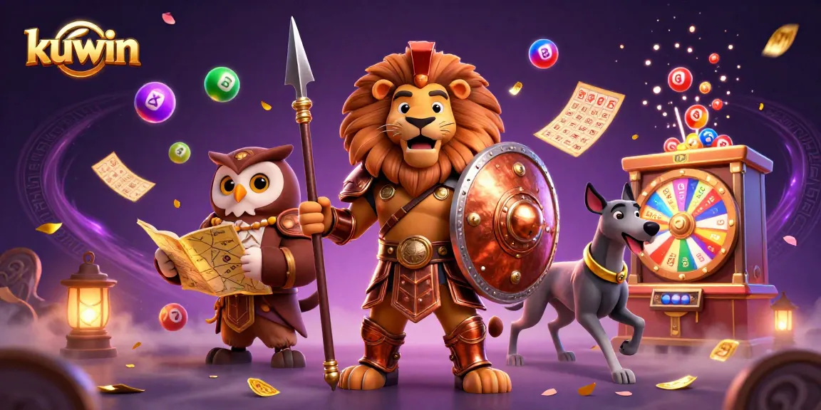 Kuwin features a dynamic 3D scene of a Spartan lion, tactical owl, and greyhound amidst colorful gambling elements, showcasing casino excitement.