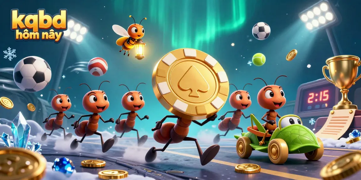 Engage with kqbd hôm nay results while ants transport a giant poker chip through a vibrant illustrated scene.