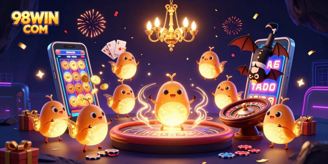Engage with exciting games at 98WIN COM in this vibrant casino scene featuring glowworms and dynamic elements.